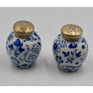 Rare Meissen Blue Porcelain Salt & Pepper Hand Painted Sterling Silver Lids